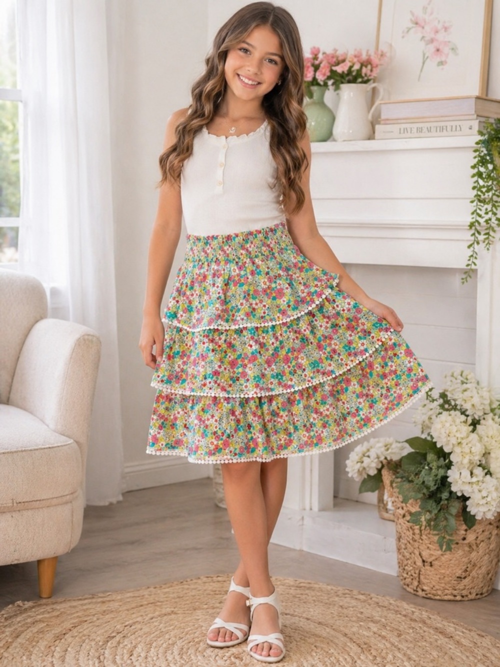 Tween Diva Girls Size 14 Floral Tiered Ruffle Skirt Smocked Waist Spring